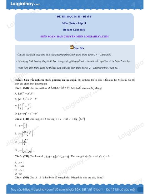 Đề thi học kì 2 Toán 11 Cánh diều - Đề số 5